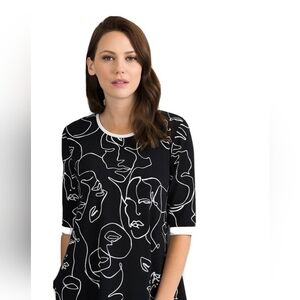 Joseph Ribkoff Blouse Picasso Print Black & White Asymmetric Hem Top Sz 12 EUC